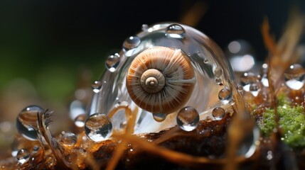 Macro shot of a snail in a glass with water droplets. Wildlife Concept with Copy Space. 