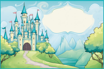 Illustration of a fairy tale castle on a hillside with trees, cover book, greeting card