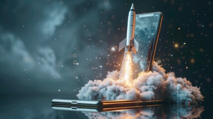 A vibrant digital rendering of a space rocket launching amid fiery particles and smoke from mobile phone base against a dark backdrop. Generative ai
