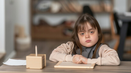 a serious seven-year-old girl with Down syndrome sits at a table with books in a home interior