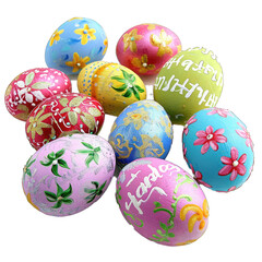 A Collection of Hand. Painted Easter Egg Ornaments With a Metallic Finish With the Text Happy Easter. Isolated on a Transparent Background. Cutout PNG.
