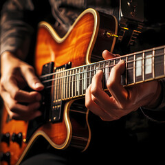 Close-up of a musicians hands playing a guitar.