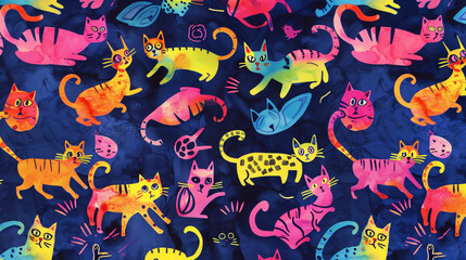 Fototapeta na wymiar Wallpaper with funny colorful cats on a dark background. Horizontal format.