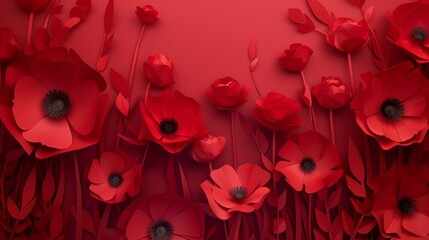 Banner with paper cut red poppy flower, symbol for remembrance, memorial, anzac day - obrazy, fototapety, plakaty