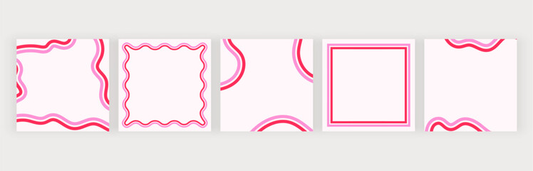 Pink square groovy banners with wavy lines 
