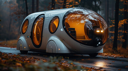 Fototapeta premium Futuristic autonomous pod vehicle on a forest road during autumn, showcasing modern transportation technology.