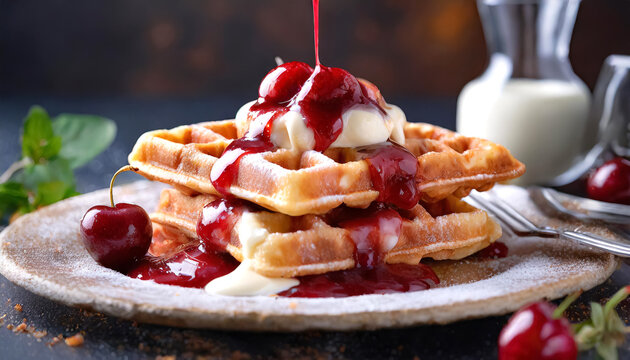 Leckere frische hei&szlig;e Waffel mit Kirschen und  Vanillesauce