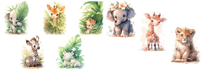 Adorable Watercolor Illustrations of Baby Animals Surrounded by Lush Greenery, Perfect for Nursery Decor or Children’s Books