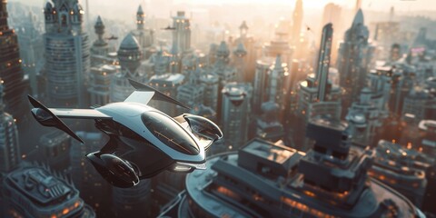 Futuristic Flying Car Over Urban Skyline