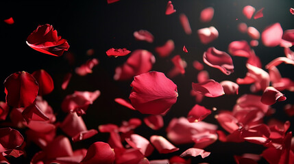 background with falling red rose petals on black