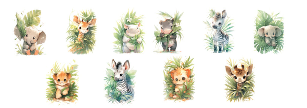 Adorable Watercolor Illustrations of Baby Animals Surrounded by Lush Greenery, Perfect for Nursery Decor or Children’s Book