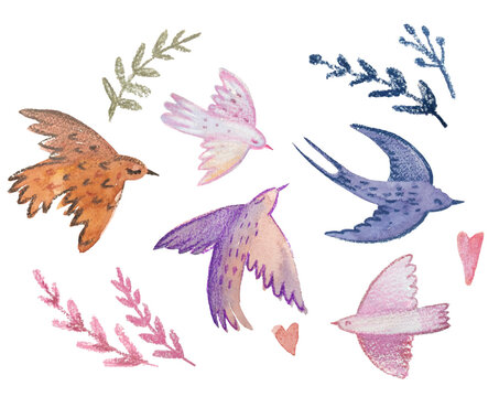 artistic illustration set of birds in flight branches leaves
