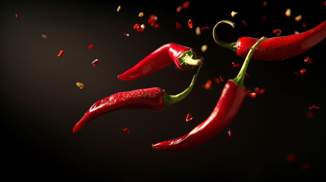Hot red pepper, Flying composition on black background