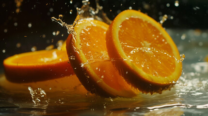 Fresh slide half of ripe orange fruit splash water