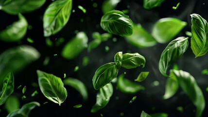Fototapeta na wymiar Vividly flying in the air green basil leaves isolated on black background
