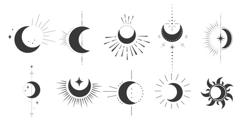 Set mystic moon celestial astrology magic element with rays, stars, burst minimal line tattoo, border or decoration isolated Space symbols, emblem. - obrazy, fototapety, plakaty