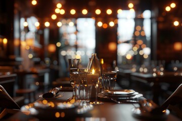 Fototapeta na wymiar Blurred background of the restaurant with bokeh lights