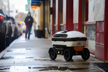 Autonomous delivery robot Concept of future, technology, unmanned courier robot.