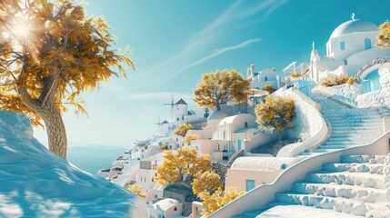 Beautiful Santorini Greece Panoramic Background, Travel Holliday Summer Wallpaper, Render,...