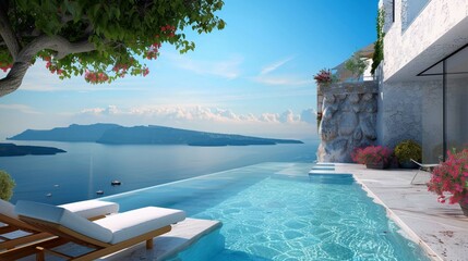 Beautiful Santorini Greece Panoramic Background, Travel Holliday Summer Wallpaper, Render,...