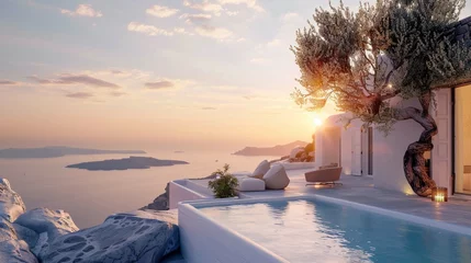 Foto auf Acrylglas Beautiful Santorini Greece Panoramic Background, Travel Holliday Summer Wallpaper, Render, Illustration © Khalif