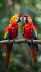 Two scarlet macaws face each other on branch with blurred background, copy space available
