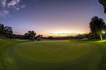 Golf Course at Dusk with Picturesque Sunset