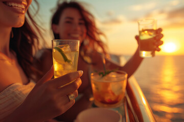Cheering with cocktails, group of friends relaxing on luxury yacht at sunset, drinking cocktails. Boat party, clinking glasses, boat trip, cruise ship. Luxury lifestyle, summer vacation concept