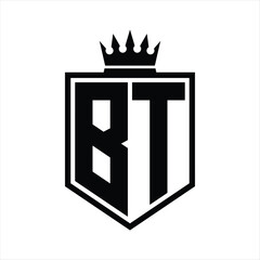 BT Logo monogram bold shield geometric shape with crown outline black and white style design