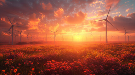 Wind turbines farm at beautiful orange sunset. - obrazy, fototapety, plakaty