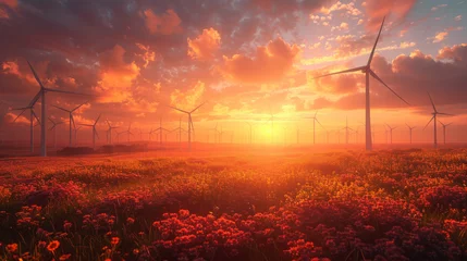 Poster Brun Wind turbines farm at beautiful orange sunset.