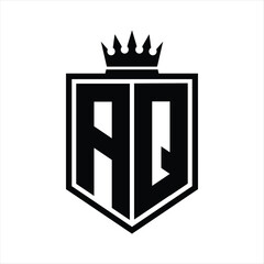 AQ Logo monogram bold shield geometric shape with crown outline black and white style design