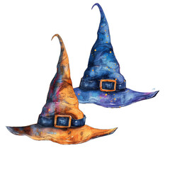 Two Watercolor Witch Hats Isolated On White Background