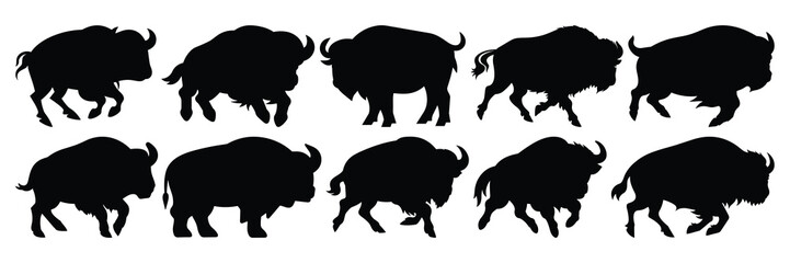 Bison buffalo silhouettes set, large pack of vector silhouette design, isolated white background