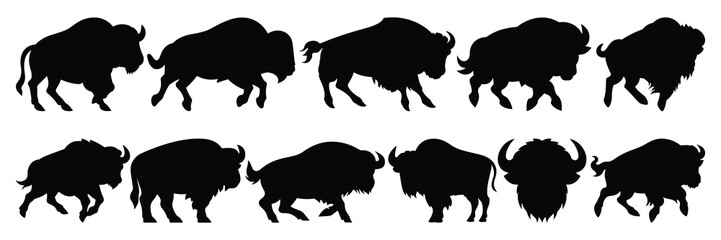 Bison buffalo silhouettes set, large pack of vector silhouette design, isolated white background