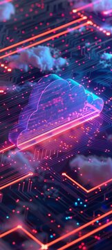 Tech transformation with futuristic processor AI cloud abstract neon lights