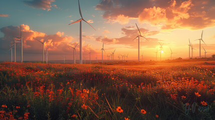 Wind turbines farm at beautiful orange sunset. - obrazy, fototapety, plakaty