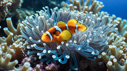 Naklejka na ściany i meble small clownfish swimming among the delicately colored tentacles of an anemone under the sea surface