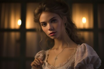 Donning a vintage-inspired dress with a delicate lace collar, the model's innocent gaze captivates against a backdrop of romantic candlelight and soft shadows.