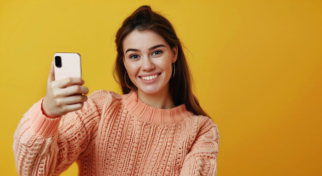 Cheerful young woman giving thumbs up against a vivid yellow background, embodying positivity and confidence.
