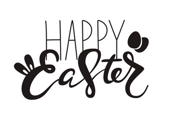 Obraz premium Cute Happy Easter lettering quote with bunny ears and eggs decoration, hand written with ink brush. Png clipart isolated on transparent background