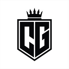 CG Logo monogram bold shield geometric shape with crown outline black and white style design