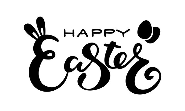 Cute Happy Easter lettering quote with bunny ears and eggs decoration, hand written with ink brush. Png clipart isolated on transparent background