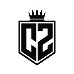 CZ Logo monogram bold shield geometric shape with crown outline black and white style design - obrazy, fototapety, plakaty