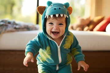 Clad in a fluffy dinosaur onesie, a toddler roars with excitement, their innocence roaring against...