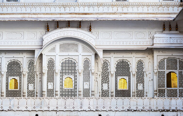Carving details of the balcony located at the Junagarh Fort, the Lalgarh Palace, Bikaner, Rajasthan, India - 753068558