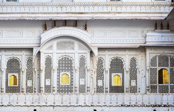 Carving details of the balcony located at the Junagarh Fort, the Lalgarh Palace, Bikaner, Rajasthan, India
