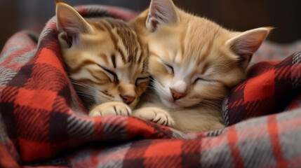2 Kittens gently rub kiss and hug on knitted blanket, covered with plaid