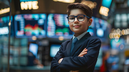 portrait of confident child businessman or investor on stock exchange background, invest at an early age for financial freedom and a happy retirement concept