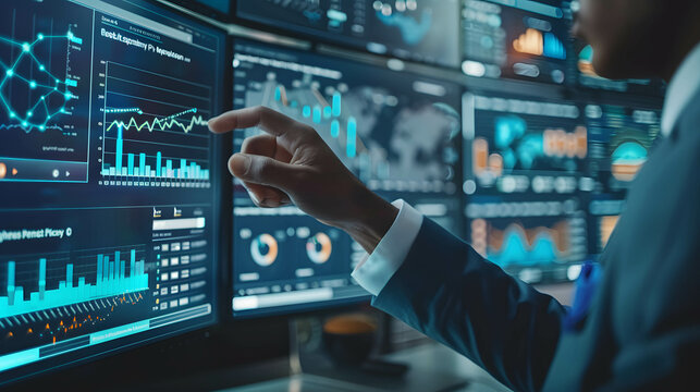 Businessman or investor or manager using AI technology for data analytics, investing or trading in stock and currency, plan and define strategy in business